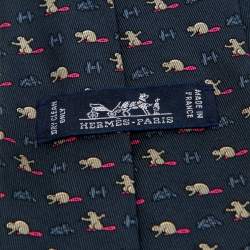 Pre Owned Hermès Blue Beaver Castor Construction Print Silk Tie
