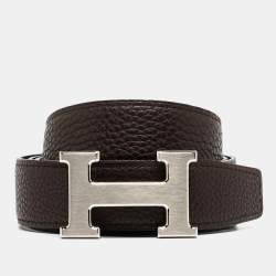 Hermes Black/Chocolate Box Calf and Clemence Leather Reversible H Buckle Belt 95CM