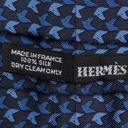 Hermes Navy Blue Horse Print Silk Ascot Tie Scarf