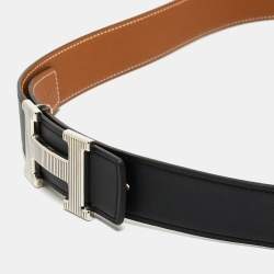 Pre Owned Hermes Noir/Gold Swift and Epsom Leather H Striee Buckle Reversible Belt 100 CM