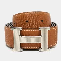 Pre Owned Hermes Noir/Gold Swift and Epsom Leather H Striee Buckle Reversible Belt 100 CM