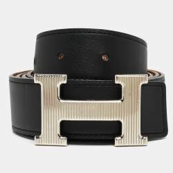 Pre Owned Hermes Noir/Gold Swift and Epsom Leather H Striee Buckle Reversible Belt 100 CM