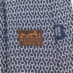 Hermes Navy Blue Horsebit Patterned Silk Tie