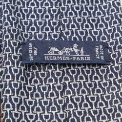 Hermes Navy Blue Horsebit Patterned Silk Tie