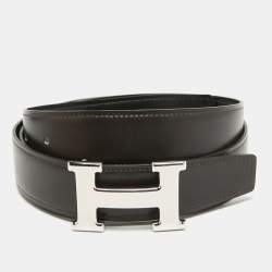 Pre Owned Hermes Noir/Cacao Chamonix Leather H Buckle Reversible Belt 100 CM