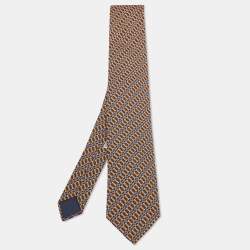 Hermes Navy Blue/Orange Chain Link Print Silk Tie