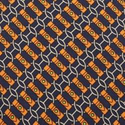 Hermes Navy Blue/Orange Chain Link Print Silk Tie