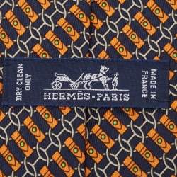 Hermes Navy Blue/Orange Chain Link Print Silk Tie