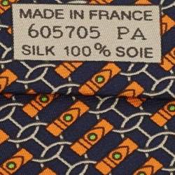 Hermes Navy Blue/Orange Chain Link Print Silk Tie