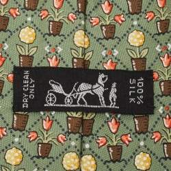 Pre Owned Hermes Green Flower Pot Print Silk Tie