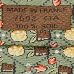 Pre Owned Hermes Green Flower Pot Print Silk Tie