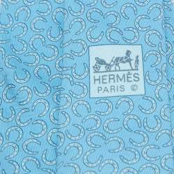 Pre Owned Hermès Blue Horseshoe Print Silk Traditional Tie