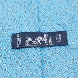 Pre Owned Hermès Blue Horseshoe Print Silk Traditional Tie