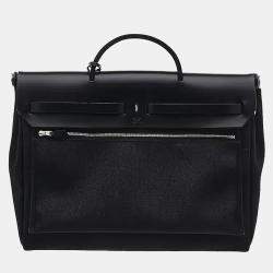 Pre Owned Hermes Herbag Messenger 39 Noir Militaire Canvas Hunter Cowhide Leather Crossbody Bag