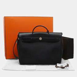 Pre Owned Hermes Herbag Messenger 39 Noir Militaire Canvas Hunter Cowhide Leather Crossbody Bag