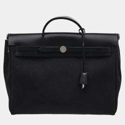 Pre Owned Hermes Herbag Messenger 39 Noir Militaire Canvas Hunter Cowhide Leather Crossbody Bag