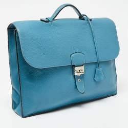 Pre Owned Hermes Bleu Jean Clemence Leather Sac a Depeches 38 Briefcase