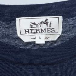 Hermes Navy Blue Patterned Cashmere and Wool Sweater L