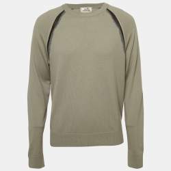 Hermes Grey Wool Ondes Cuir Crewneck Sweater L