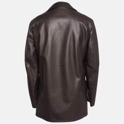 Hermes Dark Brown Leather Double Breasted Long Jacket XL
