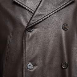 Hermes Dark Brown Leather Double Breasted Long Jacket XL
