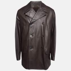 Hermes Dark Brown Leather Double Breasted Long Jacket XL