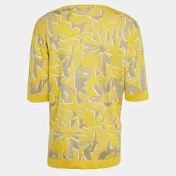 Pre Owned Hermes Yellow Puzzle Floral Knit Henley Collar T-Shirt XL