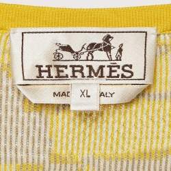 Pre Owned Hermes Yellow Puzzle Floral Knit Henley Collar T-Shirt XL