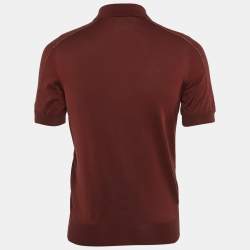 Pre Owned Hermes Dark Red Cotton Zip-Detail Polo T-Shirt M