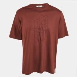 Hermes Brown Geometric Embroidered Jersey T-Shirt L