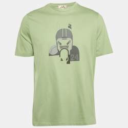 Hermes Green Print Cotton Crew Neck Half Sleeve Quarterb'H" T-Shirt L