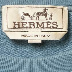 Hermes Blue Leather Trim Cotton Knit Crew Neck Sweatshirt M