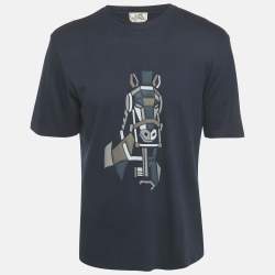 Hermès Navy Blue Horse Print Cotton Crew Neck T-Shirt L