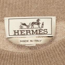 Pre Owned Hermes Brown Leather Trim Cashmere Knit Sweater XL