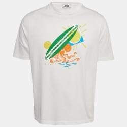 Pre Owned Hermes White Surfboard Beach Print Cotton Poulpwatch T-Shirt M