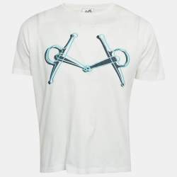 مملوكة مسبقًا Hermes White Horsebit Print Jersey T-Shirt S