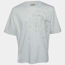 Pre Owned Hermes Pale Grey Fragments Équestres Cotton Crew Neck T-Shirt XL