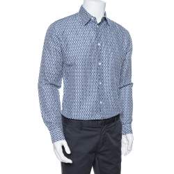 Pre Owned Hermes Blue Printed Linen & Cotton Long Sleeve Shirt M