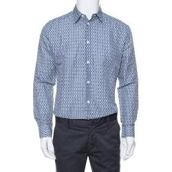 Pre Owned Hermes Blue Printed Linen & Cotton Long Sleeve Shirt M