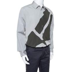 Pre Owned Hermes Grey Cotton Contrast Applique Detail Button Front Shirt XL