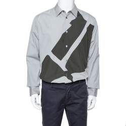 Pre Owned Hermes Grey Cotton Contrast Applique Detail Button Front Shirt XL
