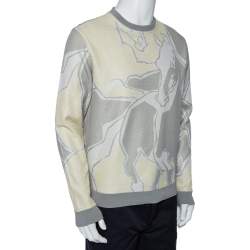 Pre Owned Hermès Grey Textured Knit Abstract Printed Sweater M    