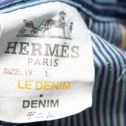 Pre Owned Hermes Blue Denim Logo Leather Tab Detail Jeans L