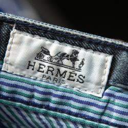 Pre Owned Hermes Blue Denim Logo Leather Tab Detail Jeans L