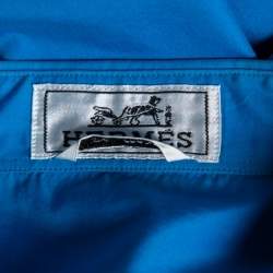 Pre Owned Hermes Blue Cotton Zip Front Short Sleeve Shirt M