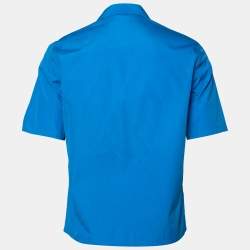 Pre Owned Hermes Blue Cotton Zip Front Short Sleeve Shirt M