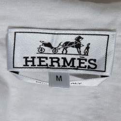 Pre Owned Hermes White Linen Pocketed Short Sleeve Polo T-Shirt M