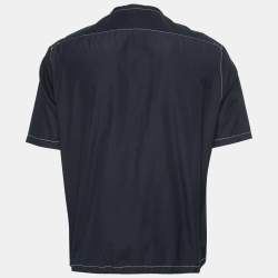 Pre Owned Hermes Dark Blue Cotton Zip Front Short Sleeve Shirt L