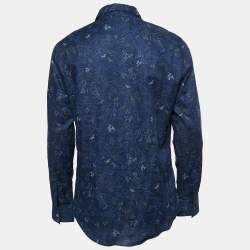 Hermes Navy Blue Dragon Patterned Cotton Button Front Shirt L