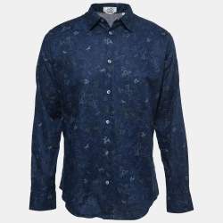 Hermes Navy Blue Dragon Patterned Cotton Button Front Shirt L